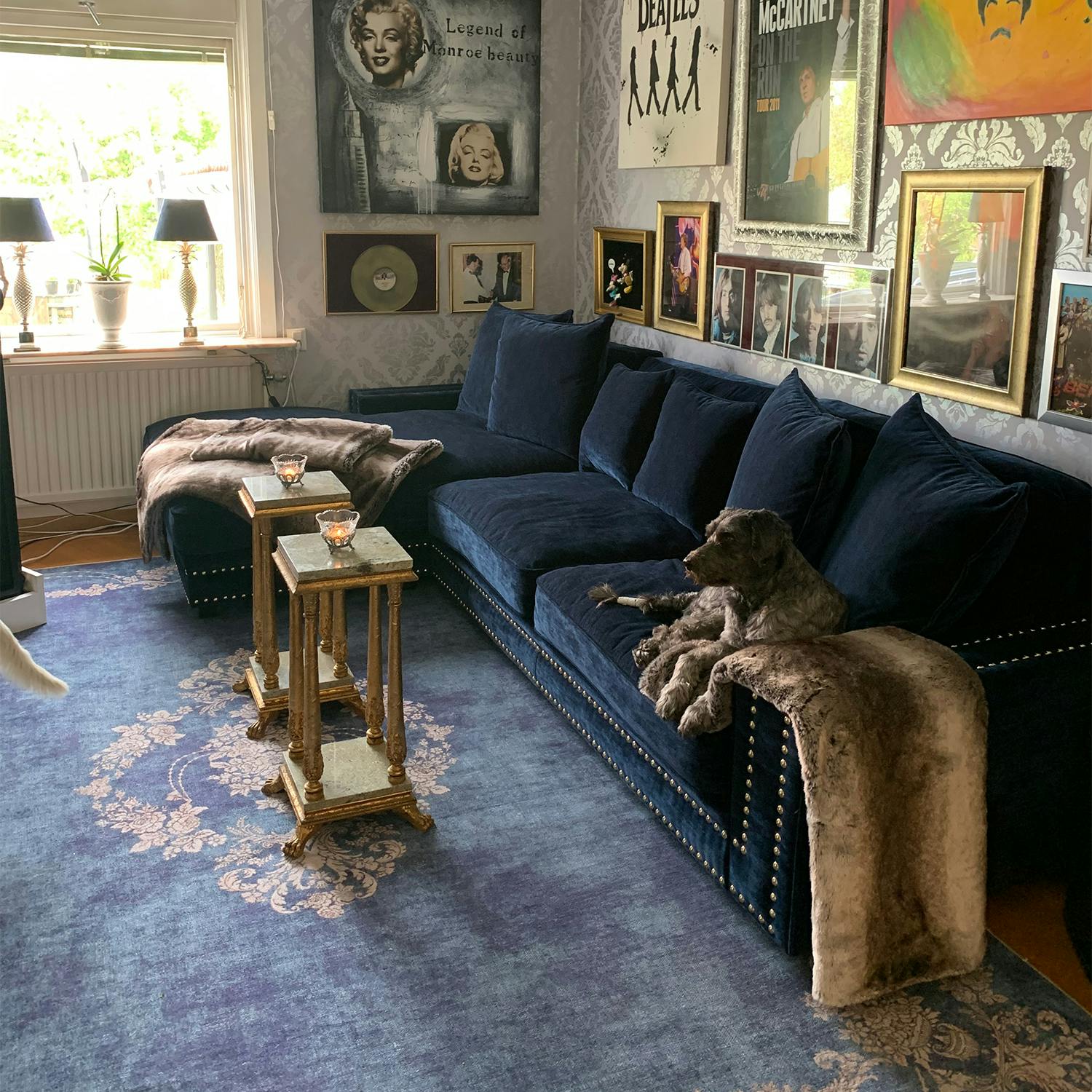 Soffa med schäslong klädd i marinblå, ribbad bomullssammet med silvriga nitar runt stommen, breda armstöd och kuvertkuddar.